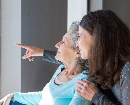 Caregiver With Patient Looking Out Window